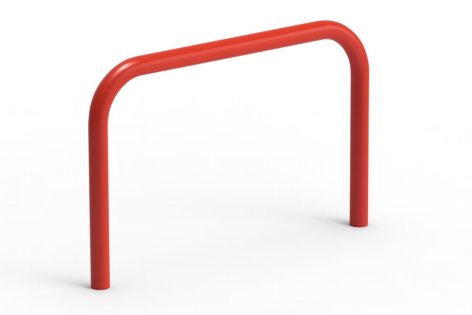 Bright red galvanized outdoor fitness bar with curved top for climbing and strength exercises on gravel surface.
