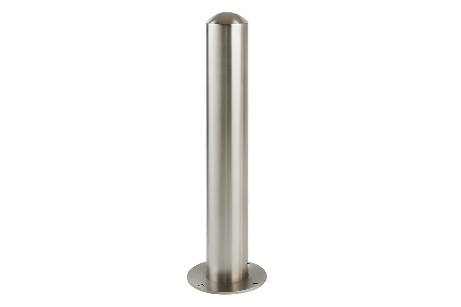 Newport 6" Round Bollard set of 2, sleek powder-coated steel cylindrical bollards with rounded tops and base plates in outdoor setting with greenery and building backdrop