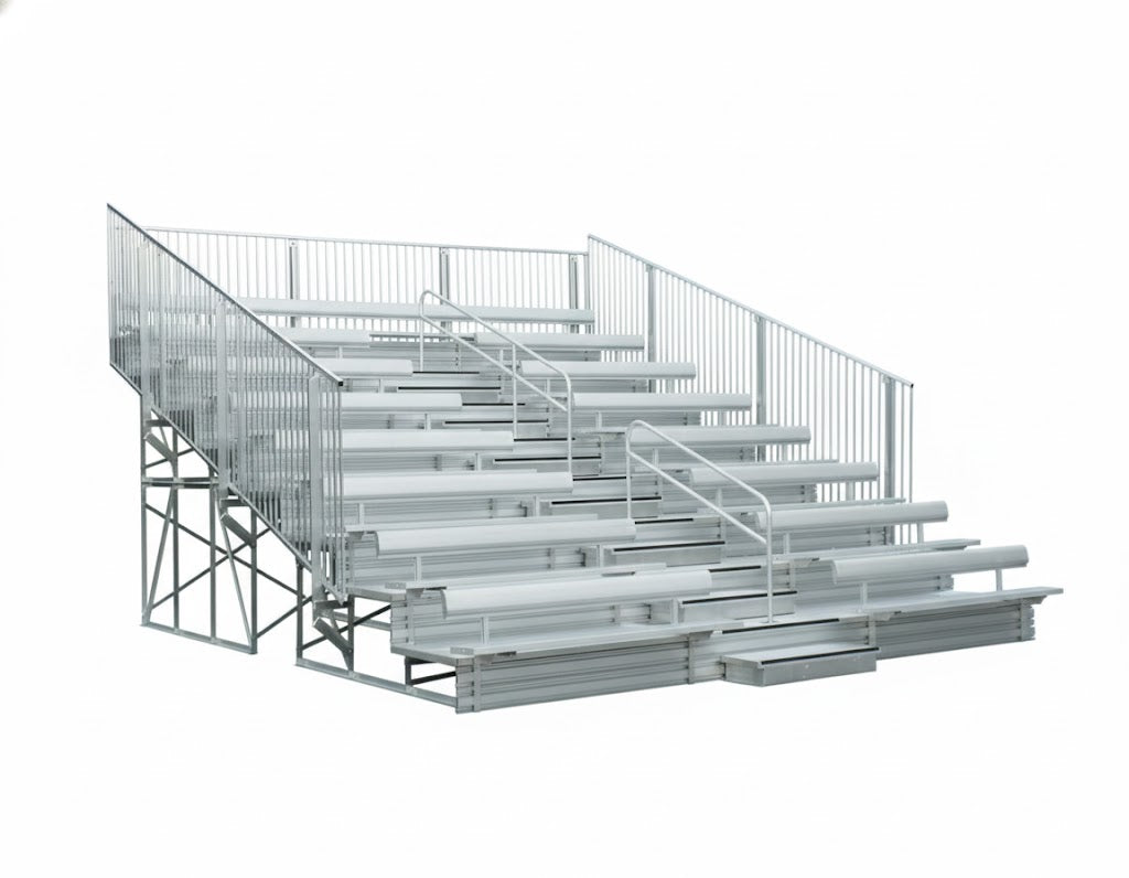 8 Row Preferred Bleachers with aluminum seating, vertical picket guardrails, handrails on concrete surface outdoors