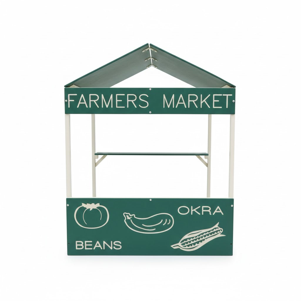 Farmers Market Playhouse with green roof and vegetable-illustrated panels, three toddlers playing inside small play equipment