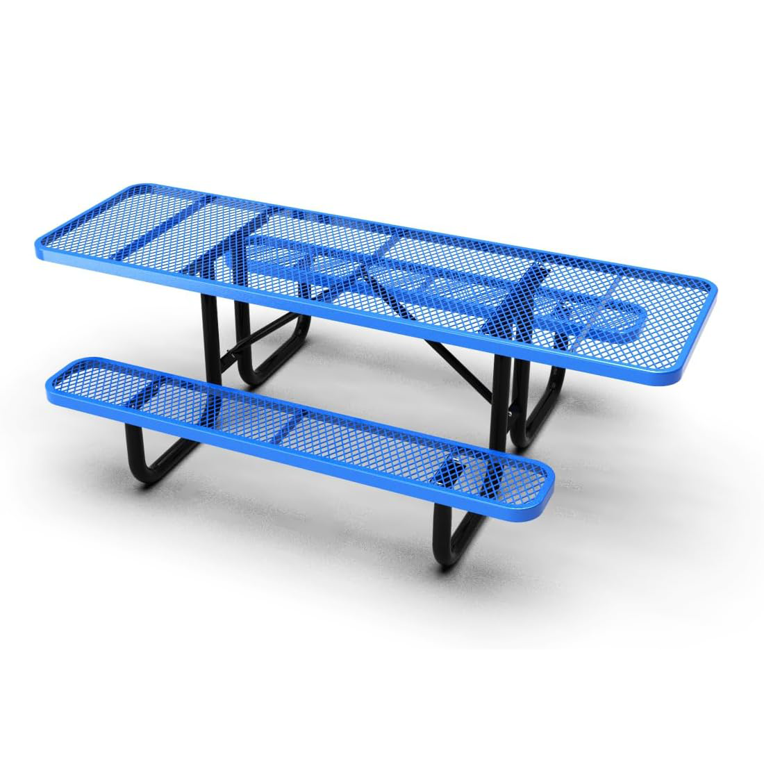 8' Rectangular ADA Commercial Picnic Table with blue perforated metal top and bench, black frame, accessible design for outdoor spaces