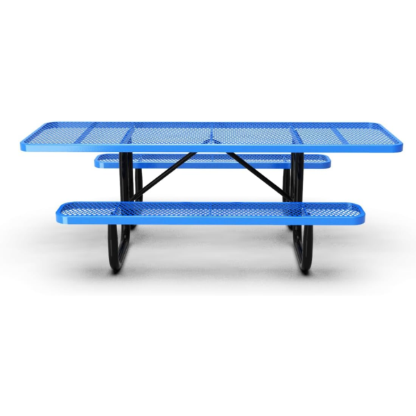 Blue rectangular ADA-compliant commercial picnic table with integrated benches and perforated metal top for accessible outdoor seating.