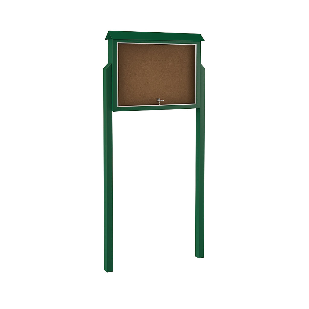 Outdoor green recycled plastic message board with lockable cork panel and protective roof for community use
