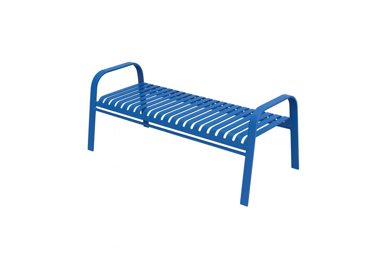 Oxford Bench without Back, blue metal backless outdoor bench with slatted seat and curved legs on wooden dock by water