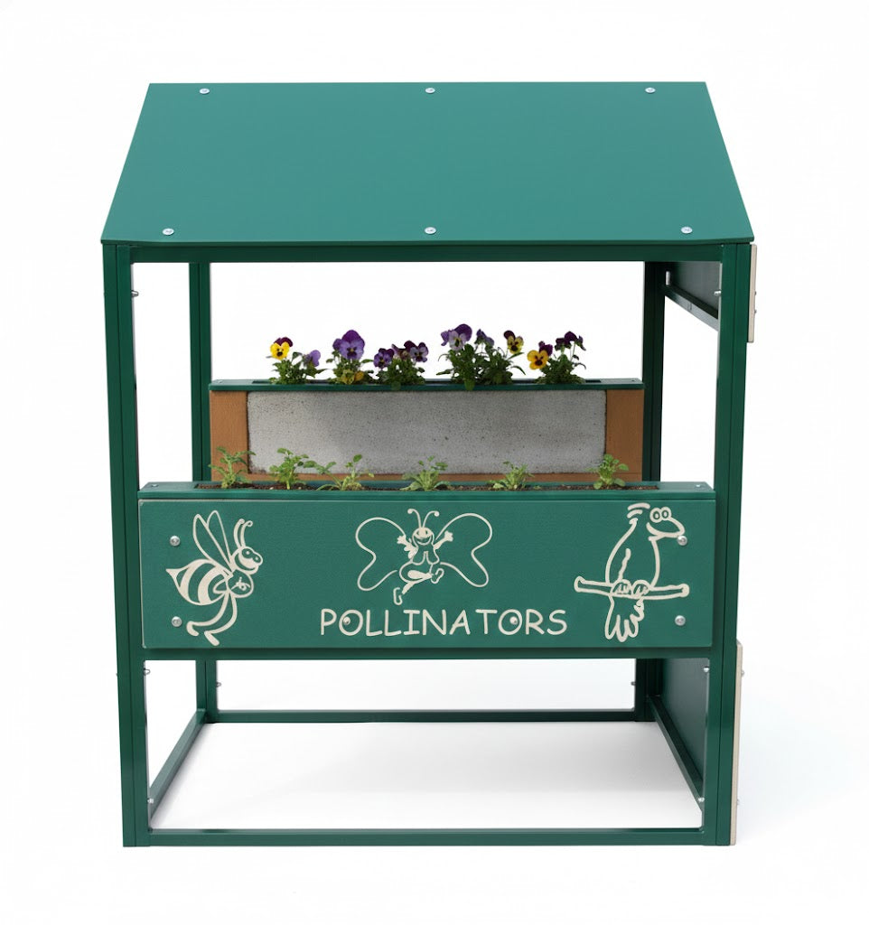 Learn To Grow Playhouse green commercial playhouse planter with clear root view, live plants, and cartoon pollinator figures for educational gardening play