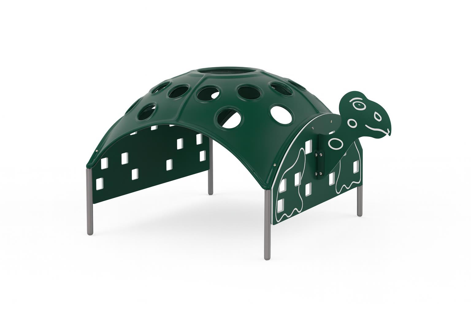 Turtle Climber playground structure with green turtle shell design, climbing holes, and sturdy metal legs for outdoor play