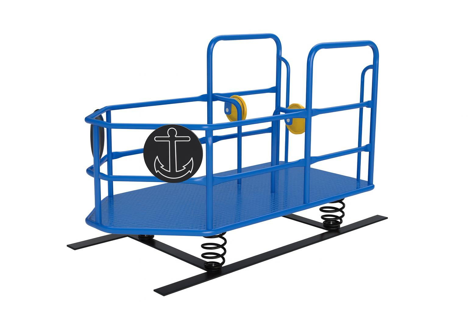 Tug Boat Spring Bouncer blue metal spring rider with black anchor emblem and two yellow steering wheels on grass