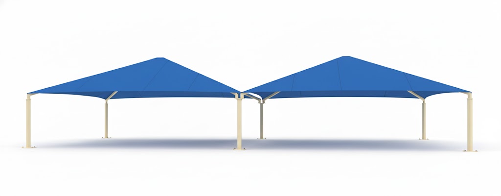 Hip Roof Shade Structure with 4 posts and blue fabric canopy providing UV protection over parked RVs and trailers