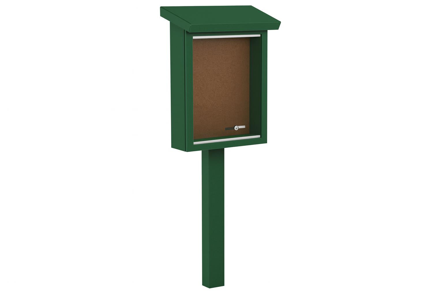Small Recycled Plastic Standard Message Center with lockable clear front and cork bulletin board on single green post for outdoor use