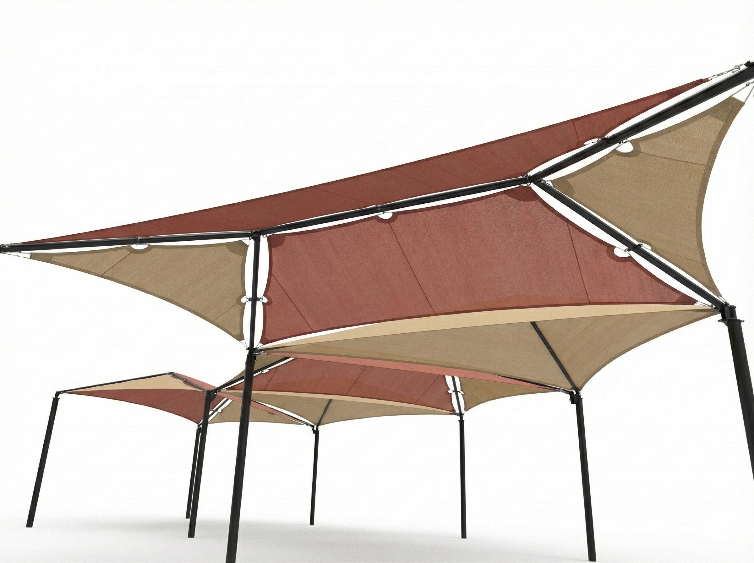 Hip Multi-Panel Shade Structure with four muted red and beige fabric panels on black metal posts, outdoor playground shade