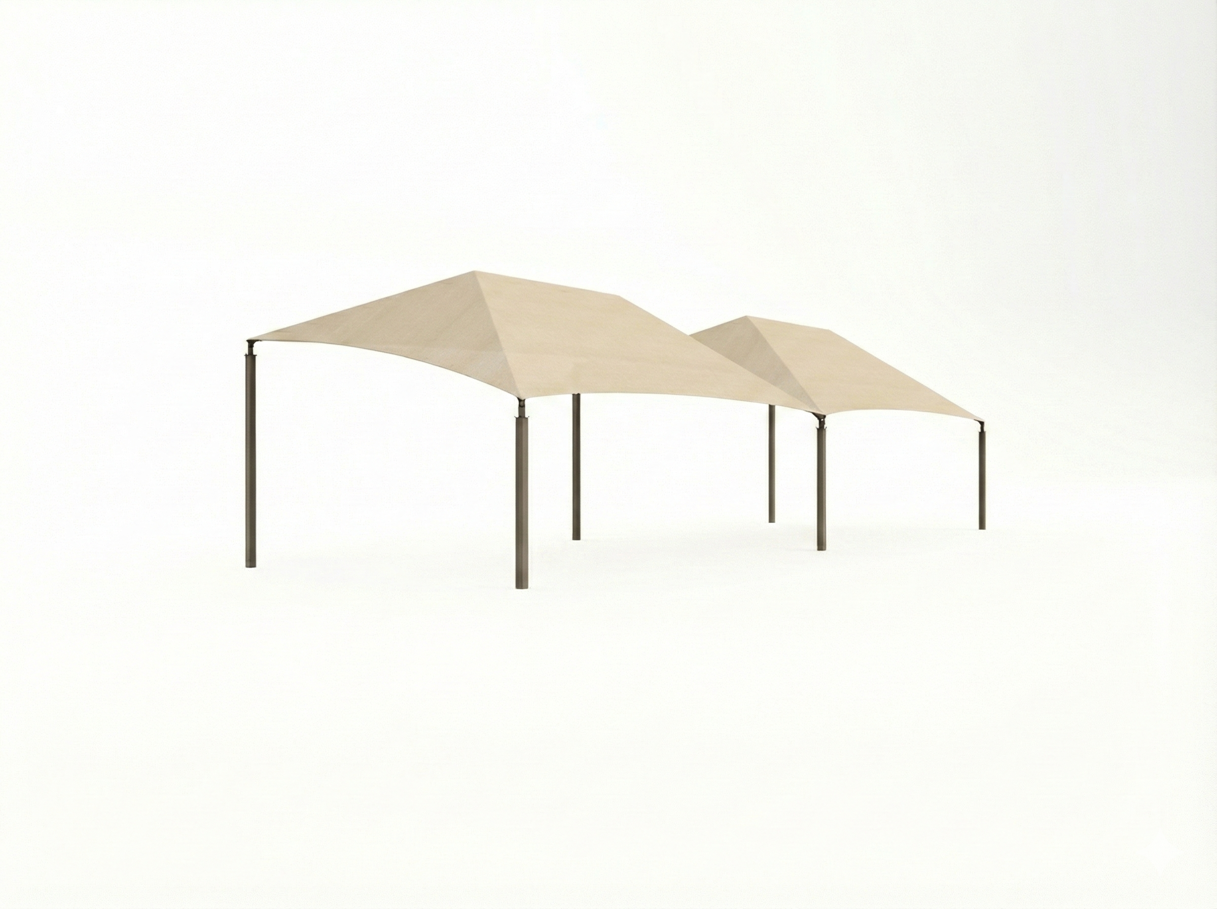 Slanted Hip Shade Structure with 4 Posts featuring beige sloped canopy supported by stone pillars in outdoor parking area