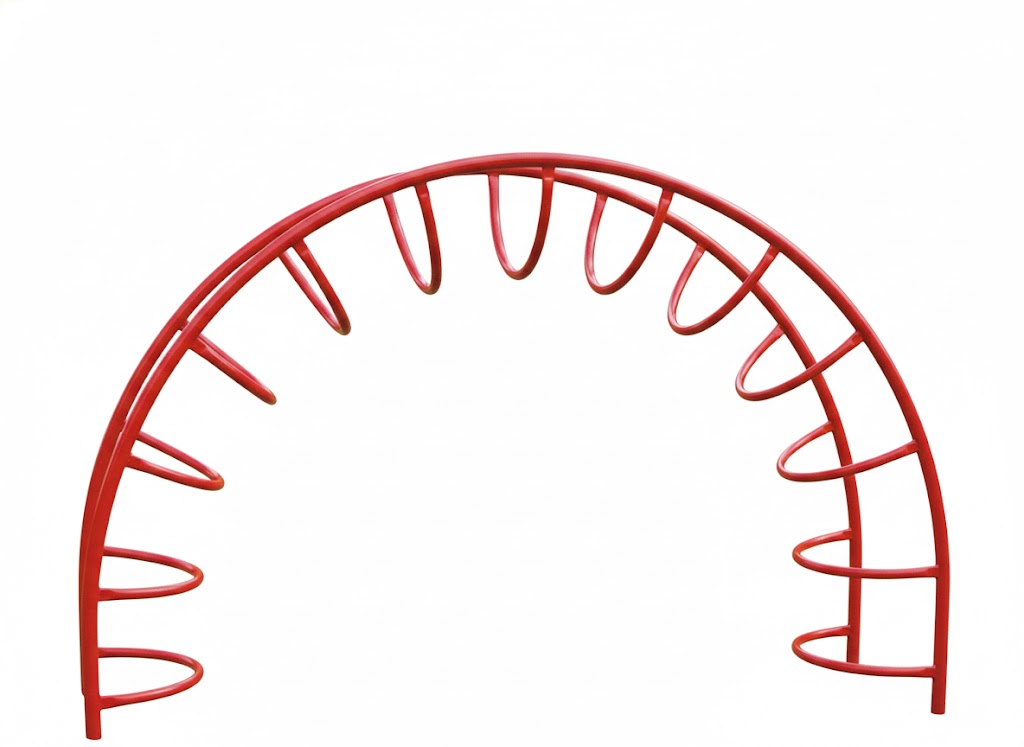 Half Moon Rung Climber red curved climbing frame with looped rungs and child climbing outdoors on grass