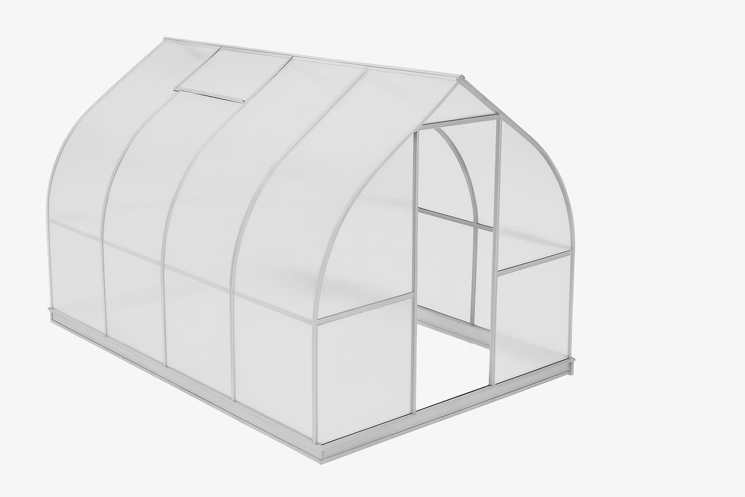 Riga 4s Greenhouse with curved polycarbonate panels, barn-style door, roof vents, metal frame, snow-covered ground, surrounded by trees