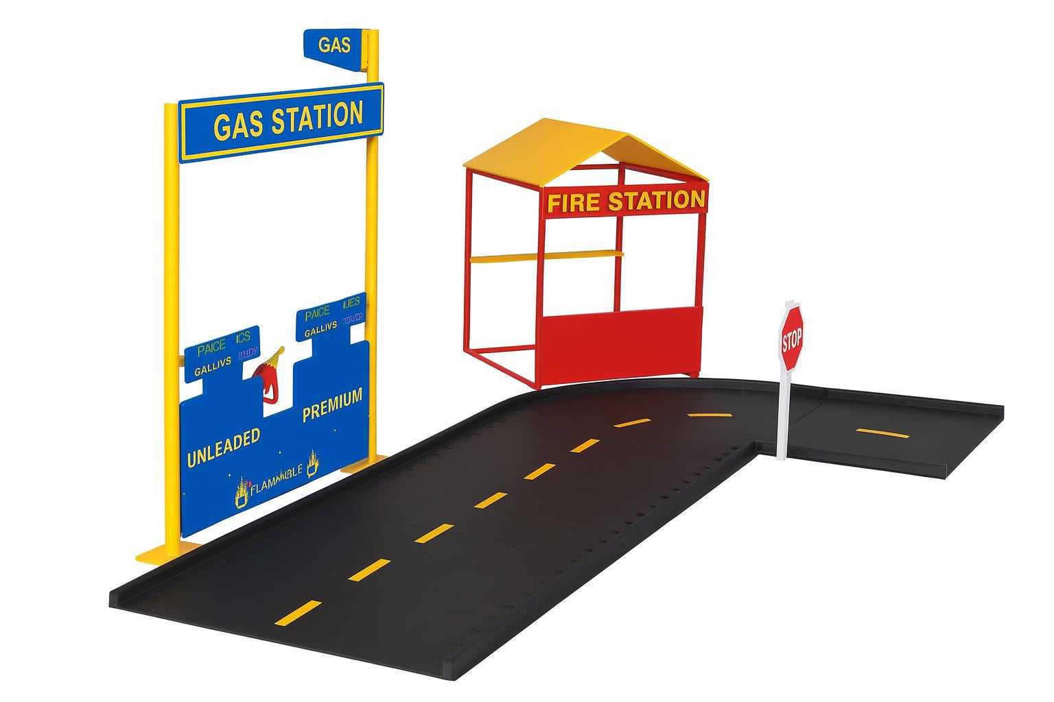 Trike Path with winding black road, yellow dashed lines, red fire station playhouse, blue and yellow gas station sign, and stop sign, Atlanta Crazy Eight