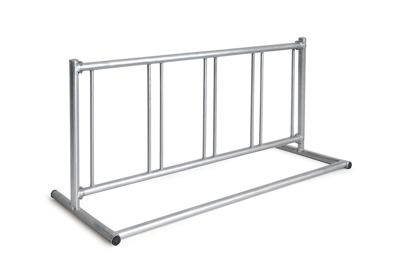 Single Entry Bicycle Rack with silver metal frame and horizontal bars securing one bike outdoors near green foliage and leaf-covered ground