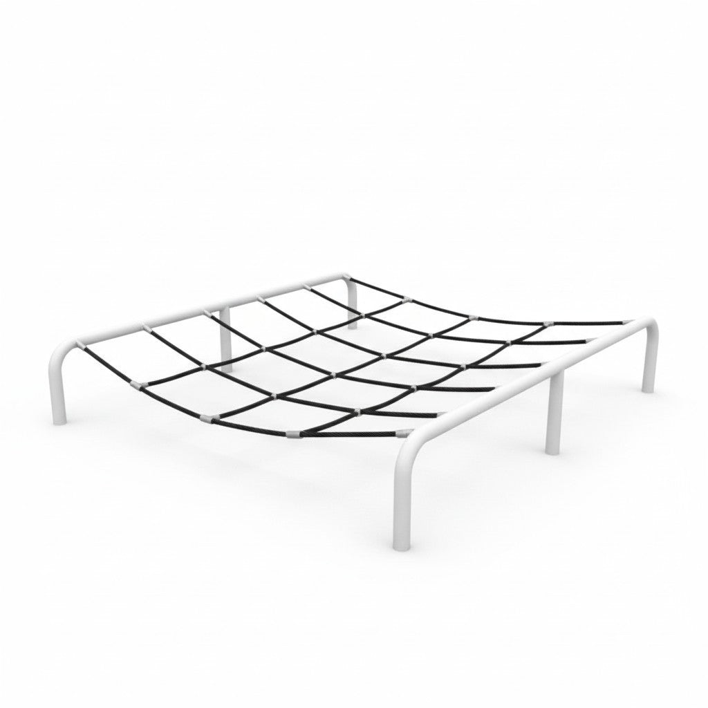 ActionFit Kids Step Zone outdoor fitness equipment with white frame and black net climbing structure on blue surface