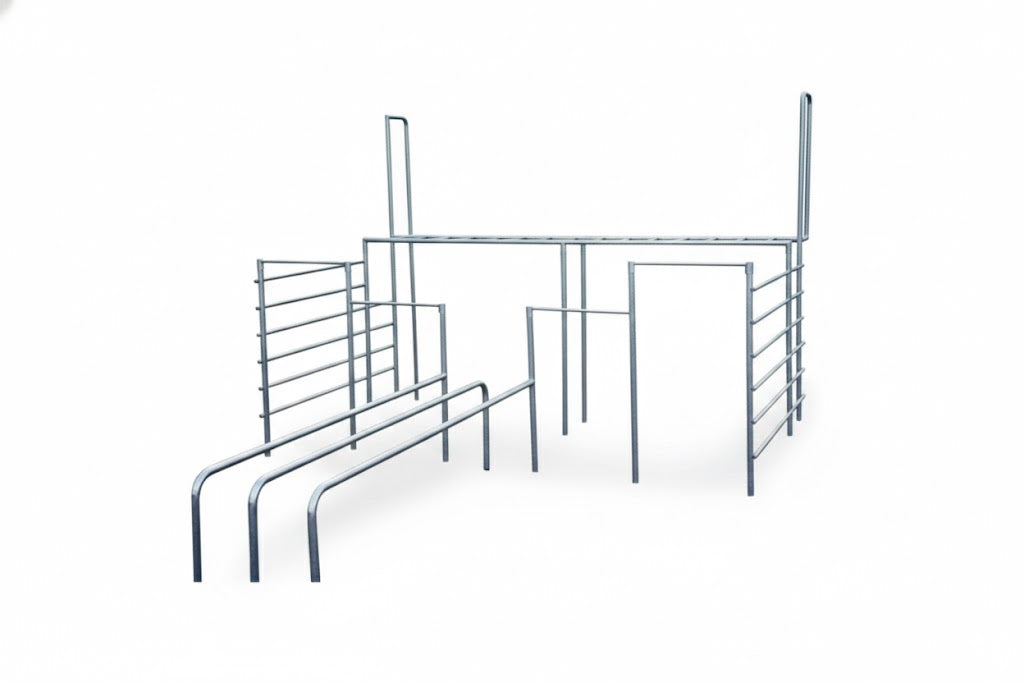 Hercules III Climber galvanized steel jungle gym with children on horizontal ladder, chinning bar, and parallel bars