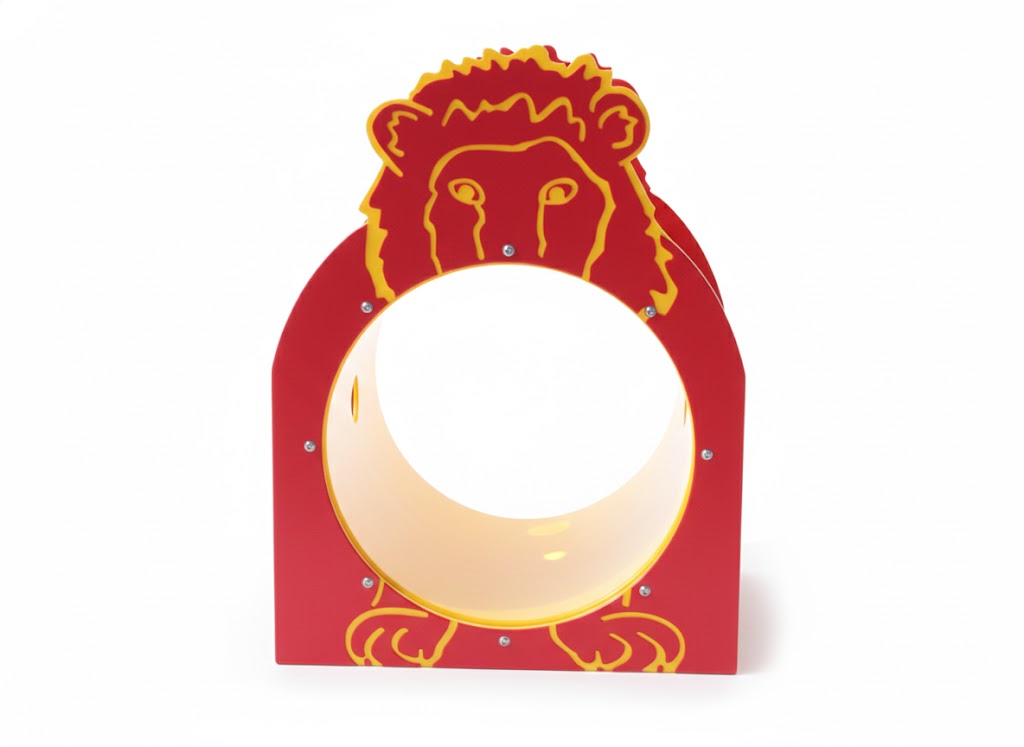 Larry The Lion Single Tunnel playground feature with bright red and yellow lion face tunnel and child crawling on grass