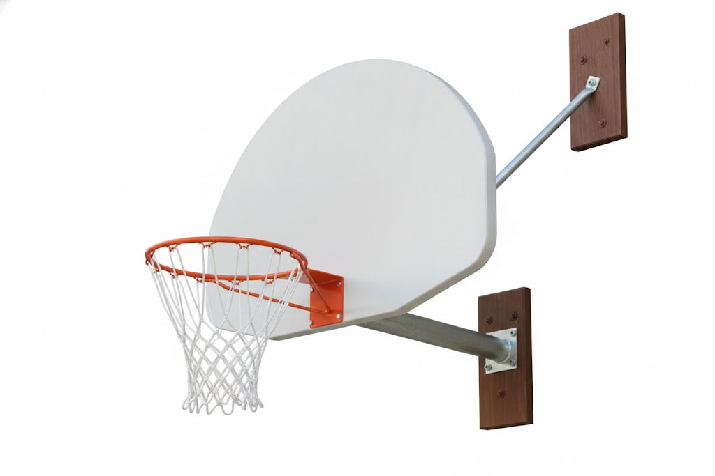 Aluminum Fan Wall Mounted Basketball Backboard with orange rim, white nylon net, and natural galvanized post mounted on brick wall