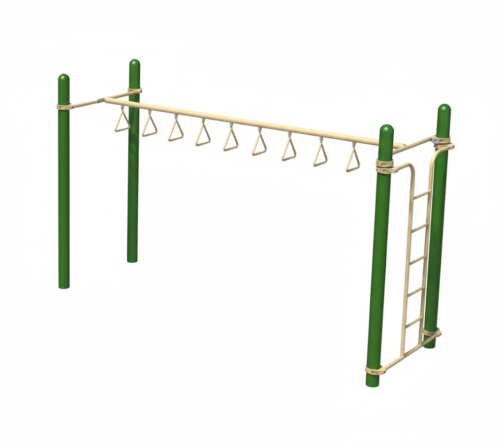 Ring Climber Challenge with green metal poles, beige suspended rope rings, and triangular hand grips for children's outdoor climbing and agility development