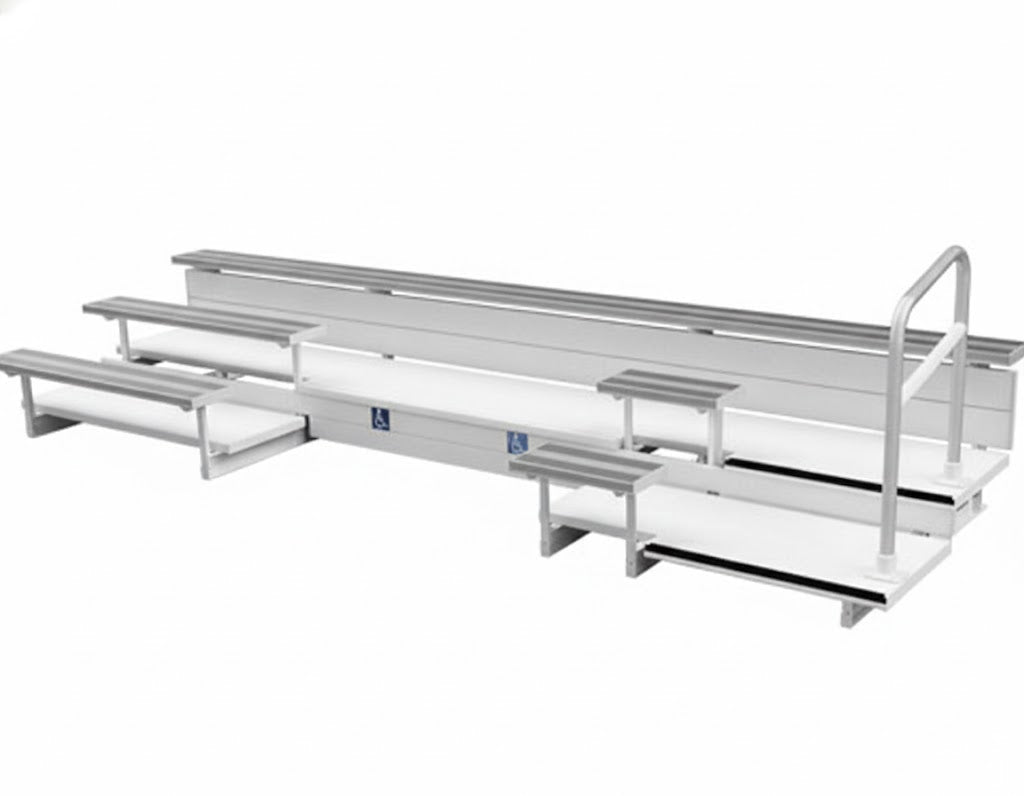 3 Row ADA Series Bleachers with aluminum frame, wheelchair seating, companion seats, and handrail on one end