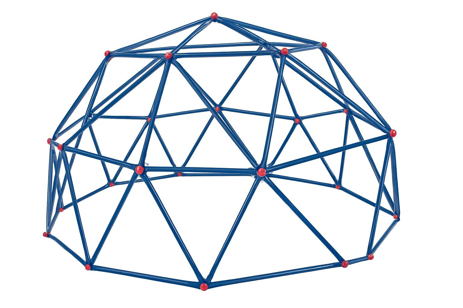 Junior Geo Dome Climber blue metal geodesic dome with red connectors, two children climbing on outdoor playground mulch