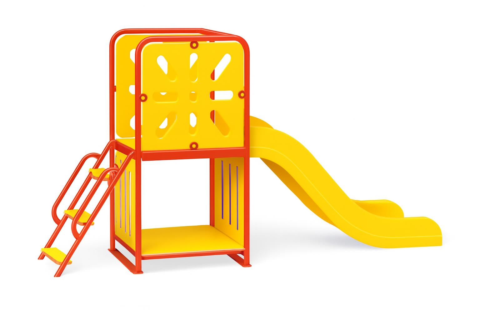 Small Tree House And Slide with red frame, yellow sunburst panels, steps, and high-sided yellow slide on green turf