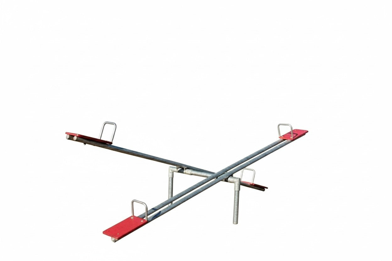 Heavy Duty Seesaw with red four seats and sturdy gray metal frame on wood chip playground surface in park