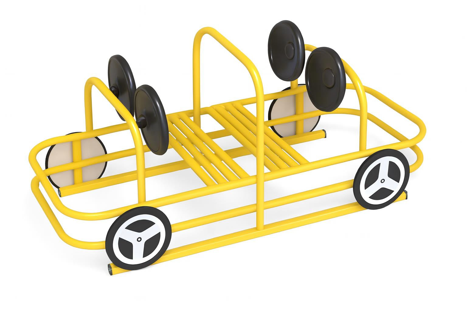 Passenger Car small play equipment with yellow tubular frame, black steering wheels, and bench seating for imaginative playground play