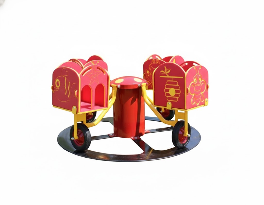 Carrington's Carousel merry-go-round with four red and yellow animal-themed seats on a steel track for playgrounds