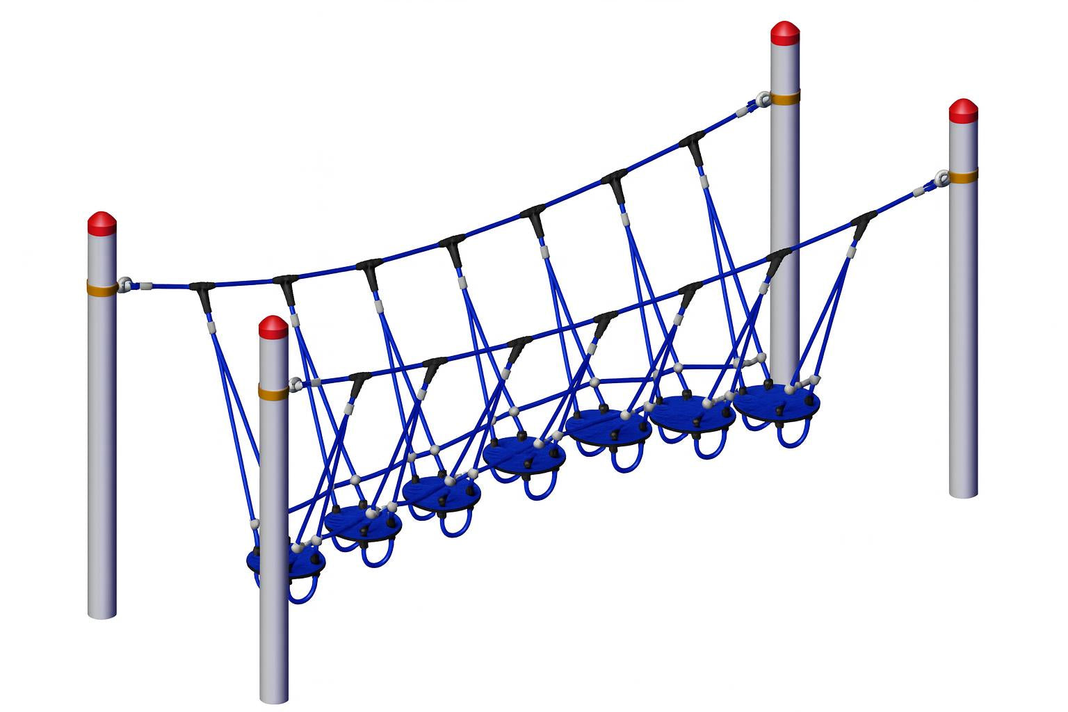 Wobble Disk Adventure Bridge with blue circular wobble disks suspended by ropes between galvanized steel posts for climbing and balance play