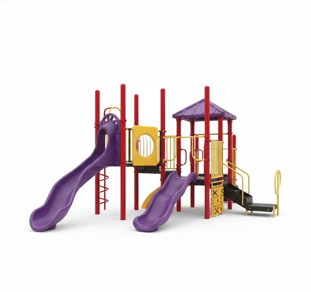 Alex Modular Playground with purple slides, red posts, yellow panels, bridge, canopy, and climbers on mulch in park setting