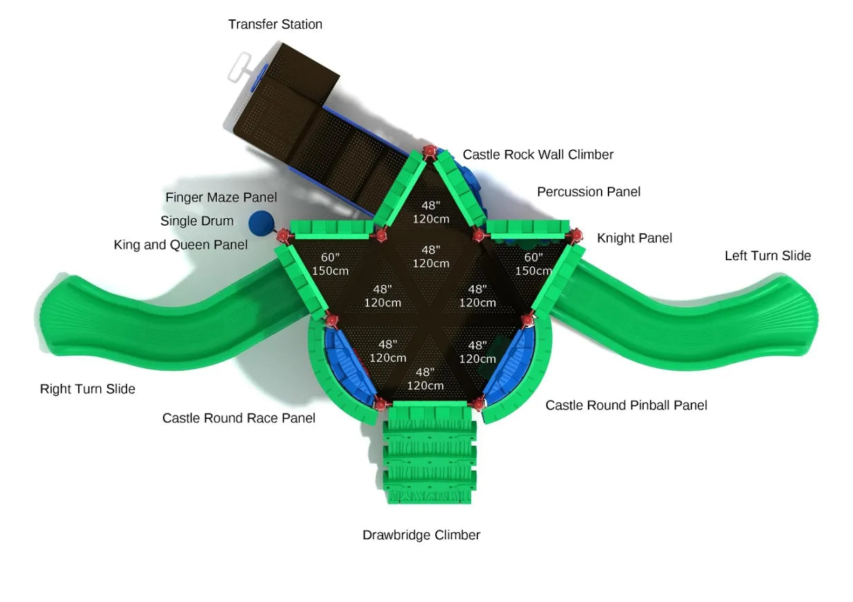 Aerial diagram of the Eyre of Edgar playground showing labeled play components and slide locations.