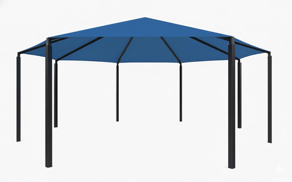 Octagon Shade Structure with 8 black posts and blue canopy providing large outdoor shade over playground climbing equipment and slide