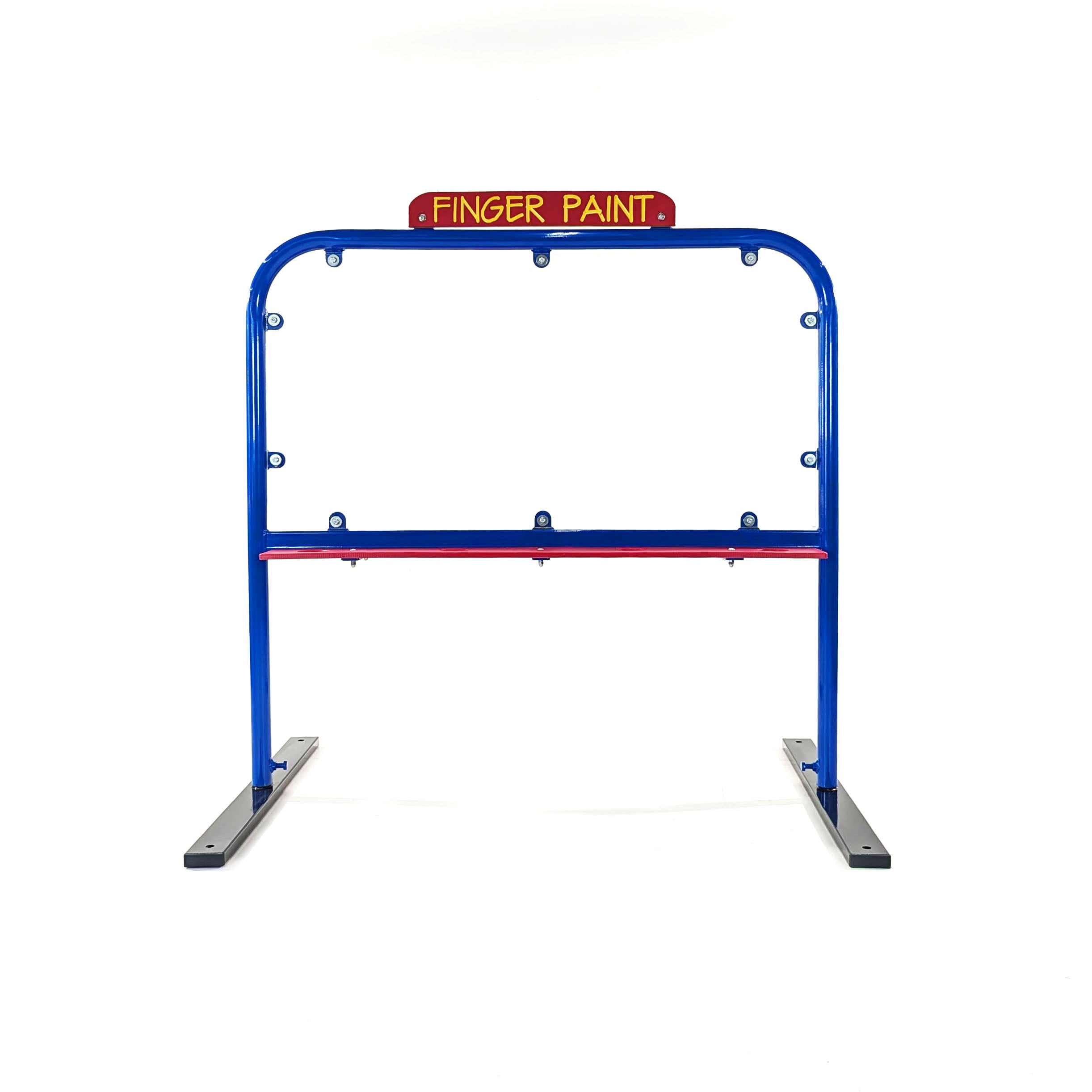 Finger Paint Art Board with blue frame, red paint tray, yellow lettering, 8 cup-holders, and wipe-clean polycarbonate surface for kids' creative play.