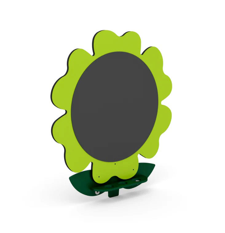 Flower-shaped lime green chalkboard with dark writing surface on a green leaf-shaped base, playful and decorative design.