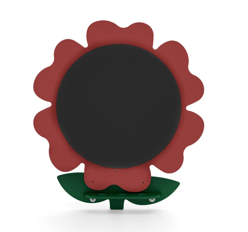 Red flower-shaped chalkboard with round black writing surface and green leaf base, front view.