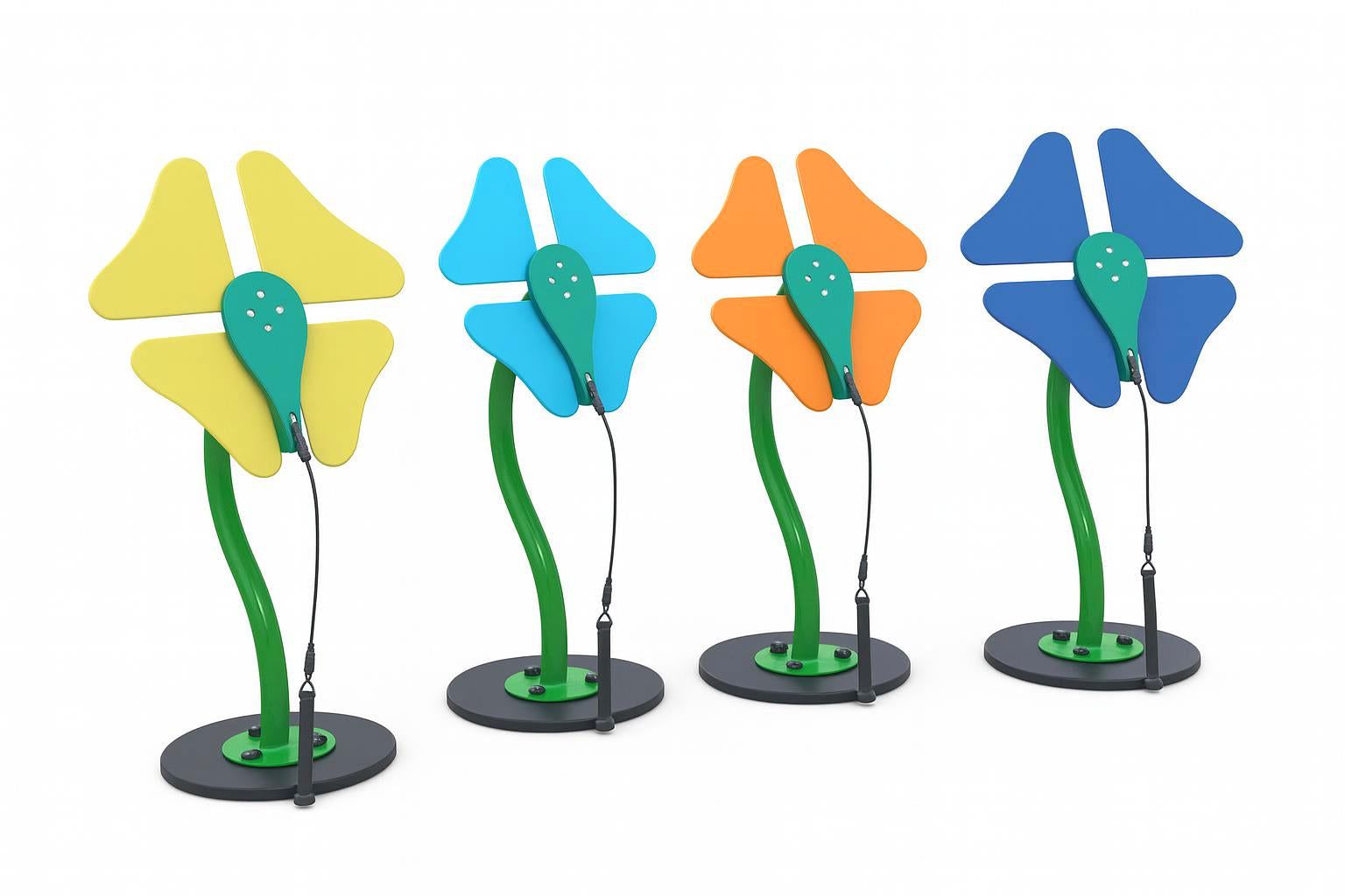 Toddler Flowers Outdoor Musical Park Instrument with colorful bell-shaped flower notes and black mallets on green play surface