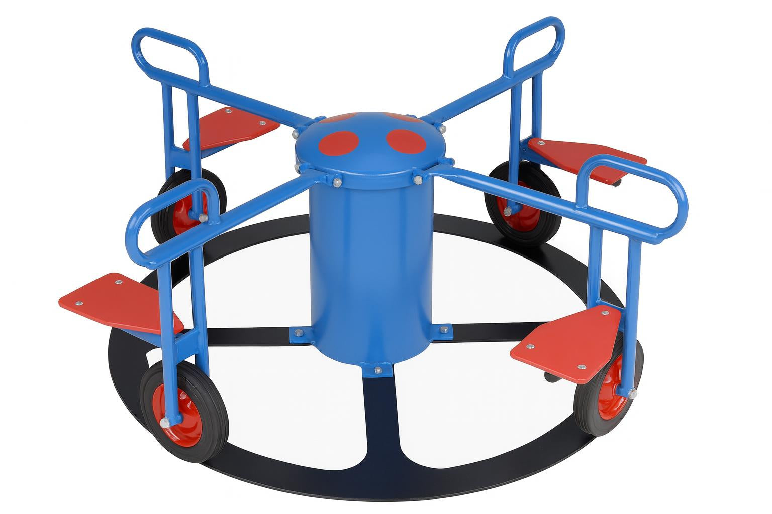 Mini Circle Cycle 4 Seat Inground Play Rider with blue frame, red seats and wheels on grass for cooperative toddler outdoor play