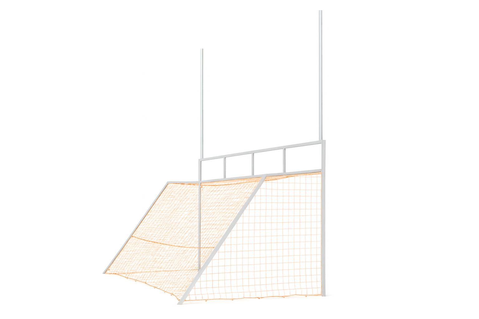 Combo Football and Soccer Goal with yellow netting and white frame on green field under clear blue sky for high school sports