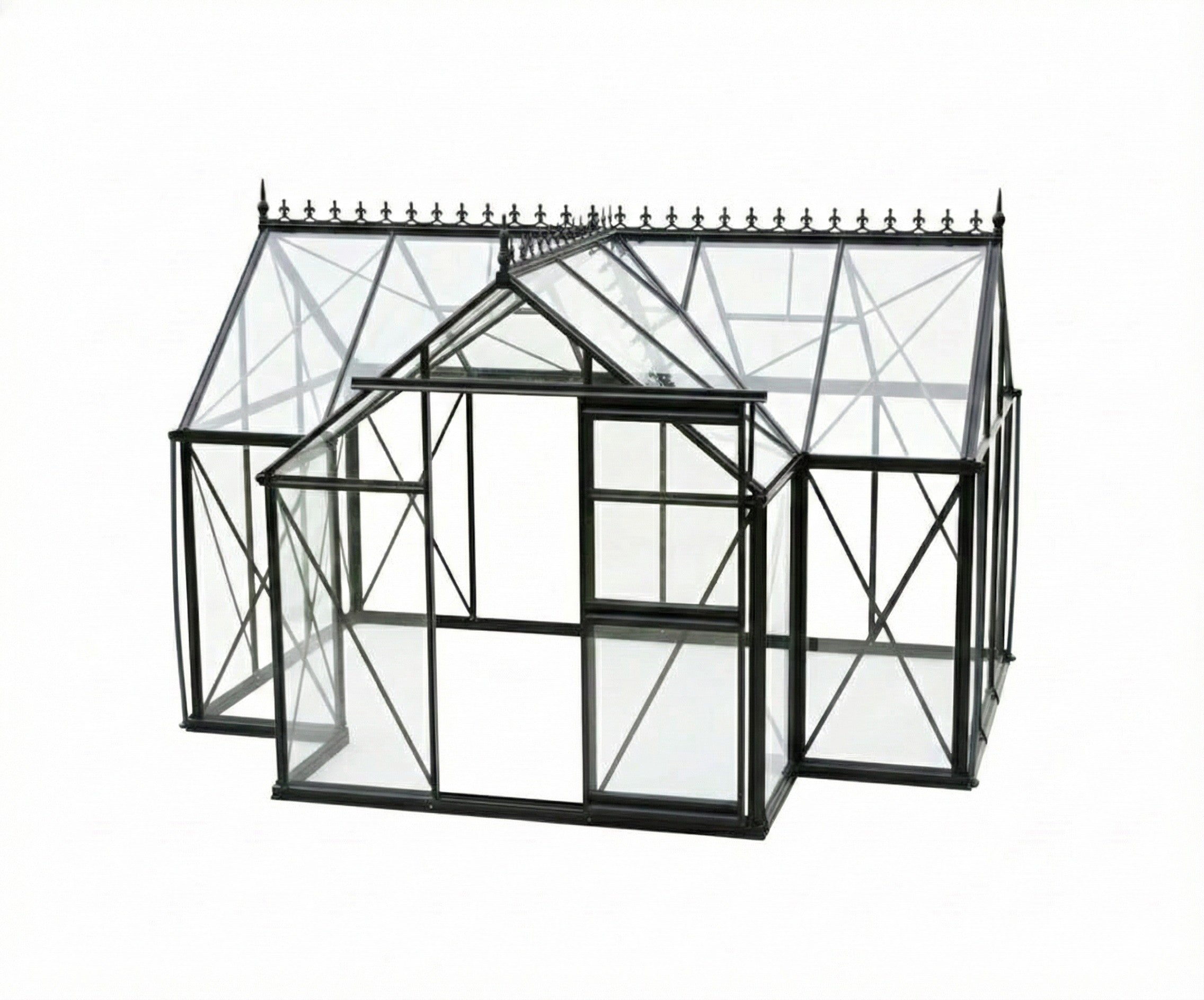 Junior Orangerie Greenhouse with black frame, glass panels, roof windows, sliding door, and garden seating with red cushions and blue vases