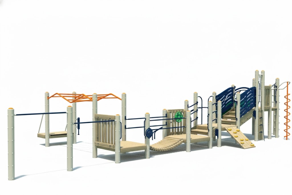Everglade Play System with triple slide, monkey bars, climbing wall, spiral pole, and activity panels on wood chip ground