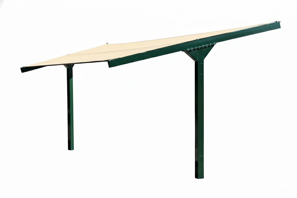 T-Post with Single Slope Roof Shade Structure featuring beige angled canopy and dark green metal support post