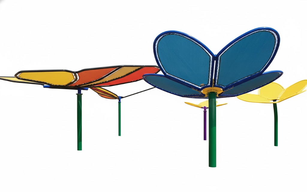 Custom Nature Shade Structure with blue, yellow, and orange flower-shaped shade sails on green poles over playground