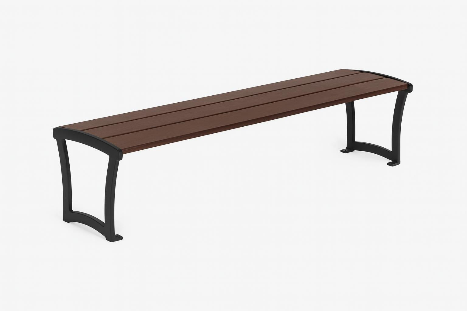 Madison Bench without Back with dark brown wooden slats and black powder-coated steel frame on stone patio near autumn trees and child lying on bench