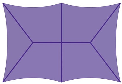 Overhead view of large rectangular electric purple hip roof shade structure with six supporting posts, designed for playground and picnic areas