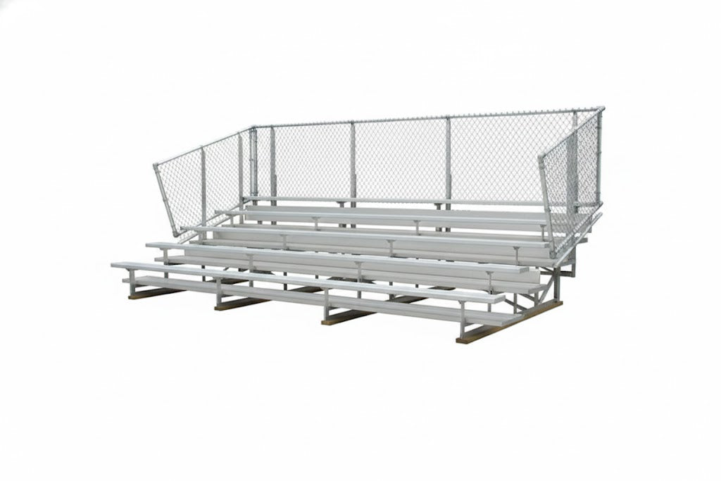 5 Row Preferred Bleachers with anodized aluminum seats and chain-link guardrails, outdoor sports seating near brick buildings