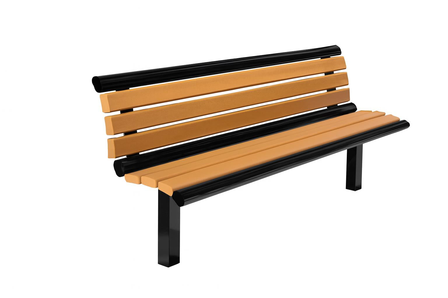 Richmond Recycled Bench with Back featuring tan recycled plastic planks, black metal frame, and backrest beside black metal planter with green plants and pink flowers