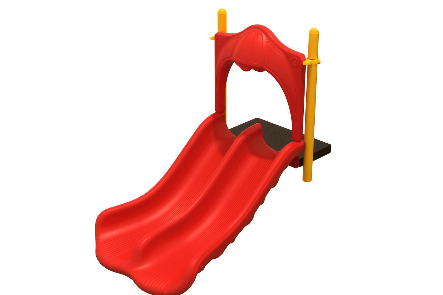 3 Foot Double Straight Embankment Slide with red dual lanes and yellow posts on grassy slope for playground fun