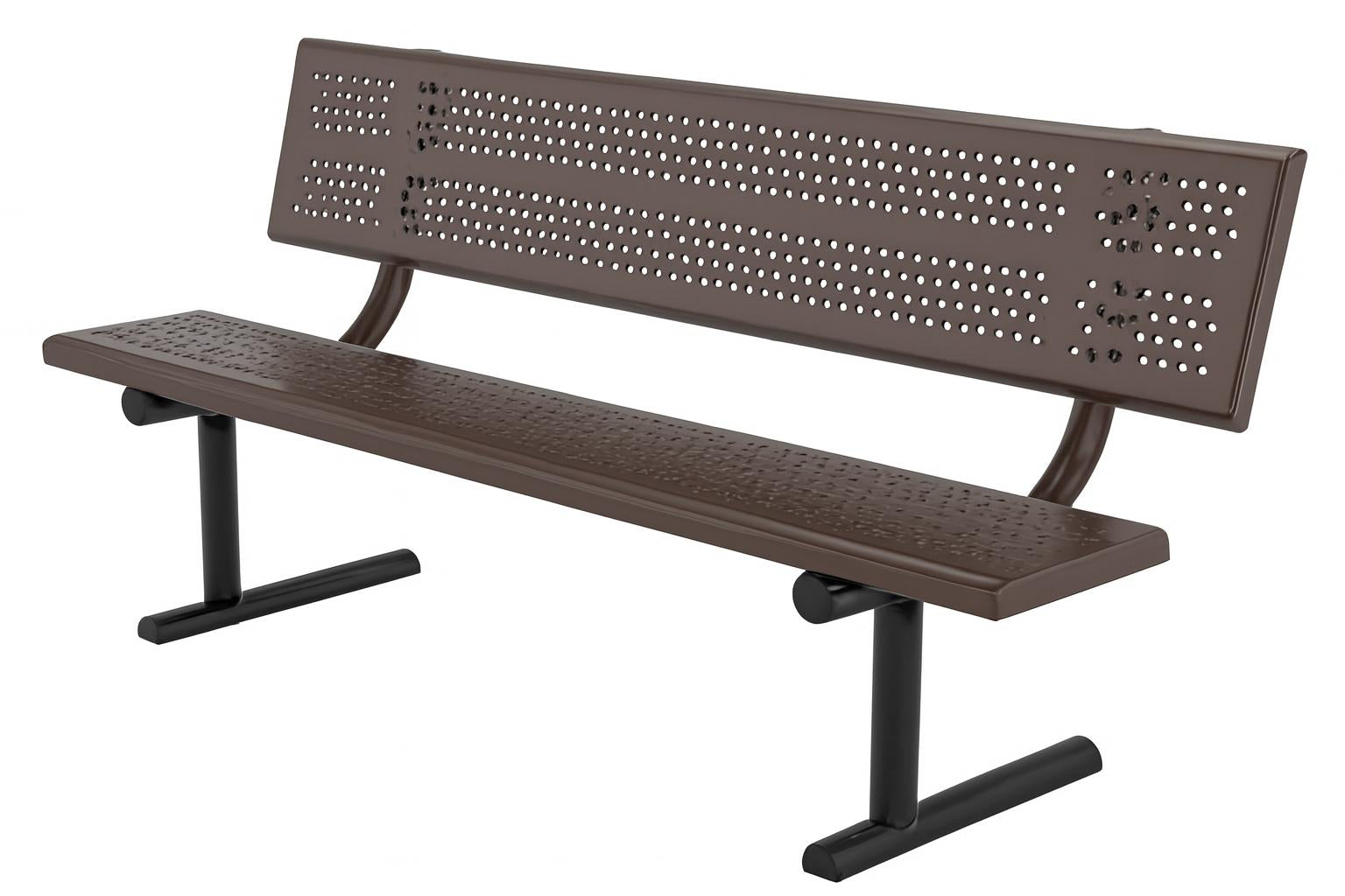Beveled Perforated Steel Park Bench with Back, brown perforated steel seat and backrest, black metal legs, outdoor seating on grass near green shrubs